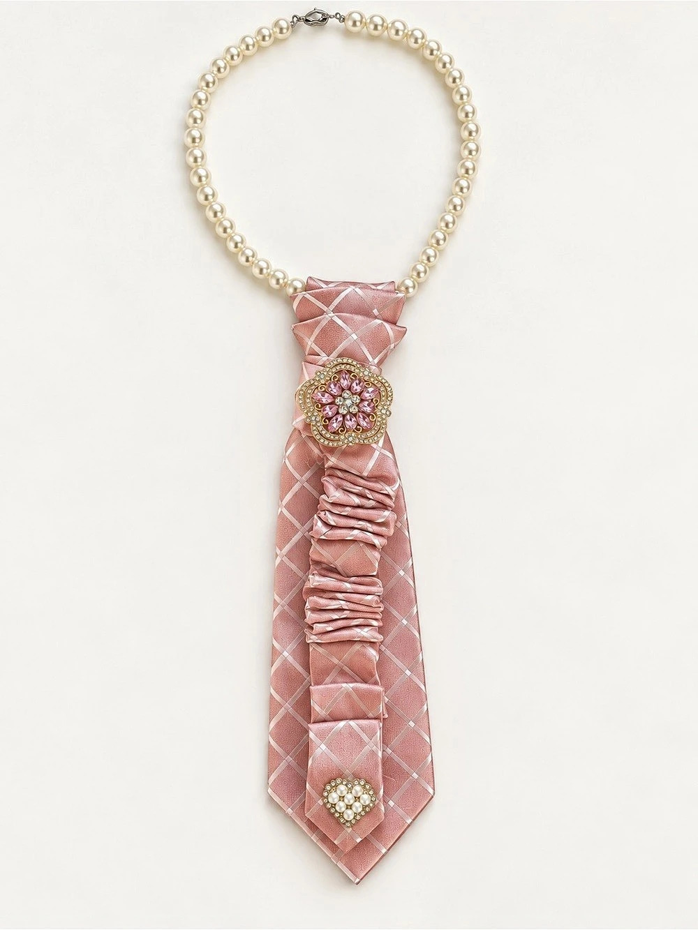 Handmade Unique Pink Necktie Statement Necklace with Pearl Strand & Brooches